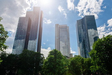 Naklejka premium Skyscrapers in Frankfurt am Main, Germany. Summer sunny day.