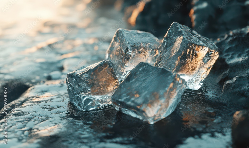 Poster transparent ice cubes glistening on a reflective surface, their sharp edges and frosty appearance cr