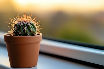 Small barrel cactus with orange spines in terracotta pot on windowsill against blurred warm sunset background, creating cozy home atmosphere.