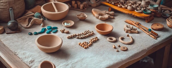 Photograph of a traditional artisan workspace with handmade clay bowls, beads, and natural materials arranged on a rustic table, representing craftsmanship, creativity, and cultural heritage.