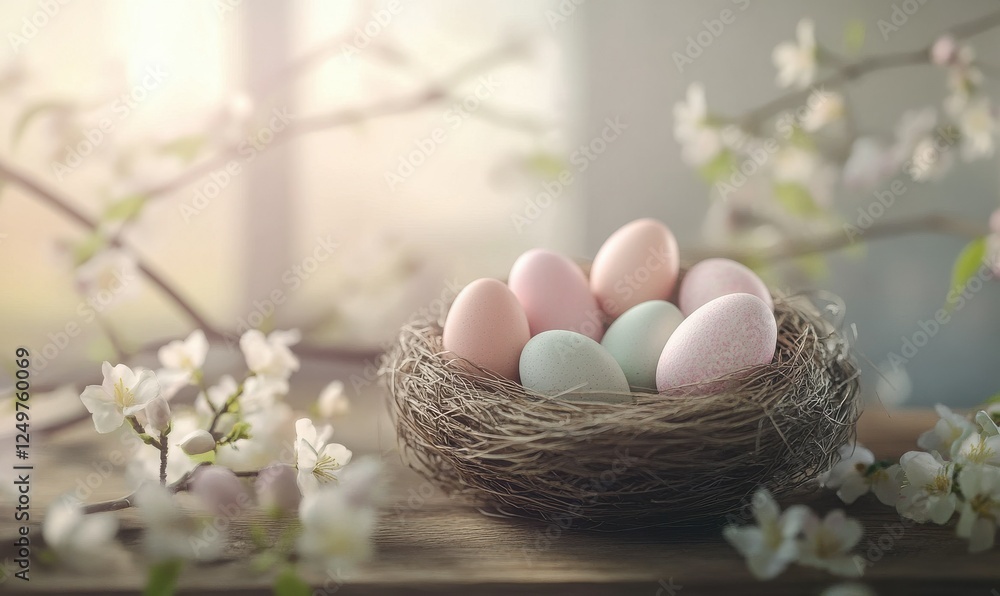 Aufkleber delicate nest filled with pastel-colored easter eggs, resting on a rustic table with soft spring flo