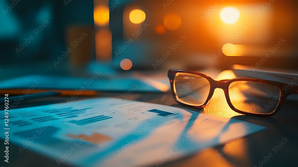 Aufkleber reading glasses on business documents with warm sunset light through window, creating atmospheric bo