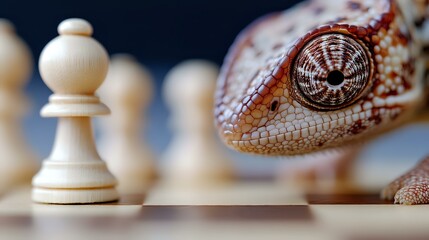 Close-up macro shot of gecko eye and white chess pawn on chessboard, showing strategic concept through contrast of natural and game elements in selective focus.