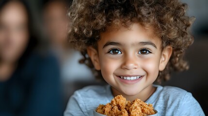Cheerful mixed-race child with curly hair smiling while holding crispy fried chicken wings. Natural lighting highlights genuine expression and casual dining moment.