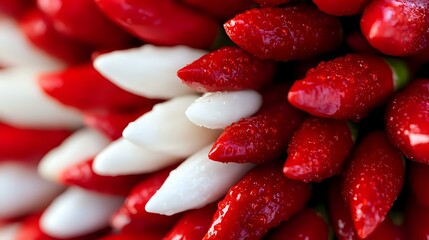 Fresh red and white pepper arranged in diagonal rows create striking pattern of alternating colors, highlighting natural textures and vibrant contrast in fresh produce.