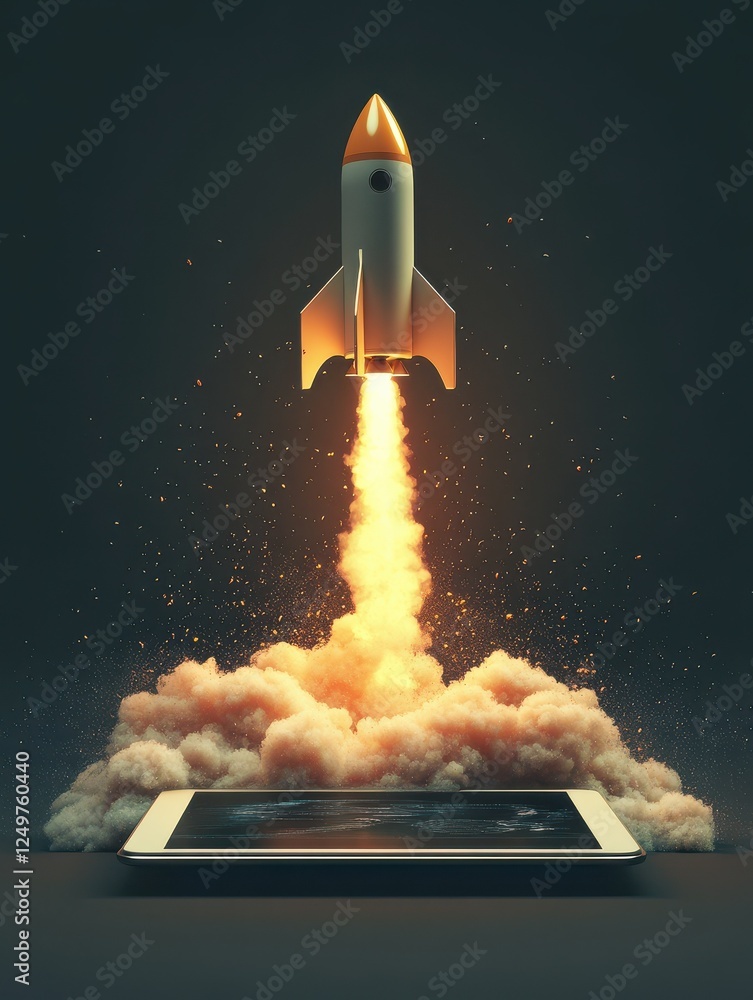 Poster start up concept with abstract rocket launching from tablet screen on dark grey background. 3d rende