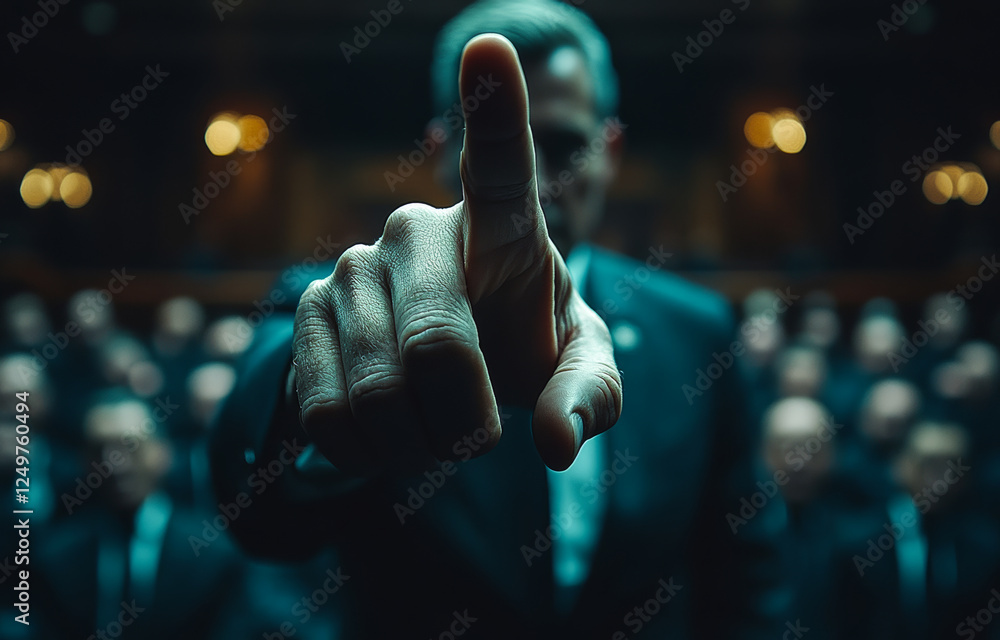 Aufkleber a man in a suit is pointing at the camera with his finger. the image has a dark and moody atmosphere