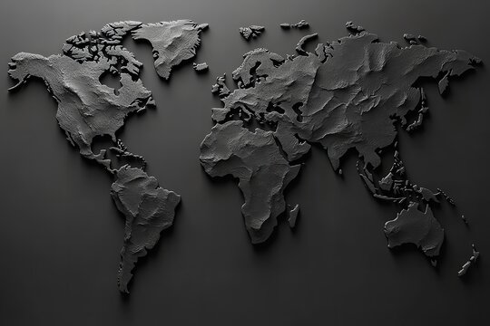 Fototapeta Minimalistic 3D black world map with grayscale landmasses on a white background, showcasing abstract design and depth