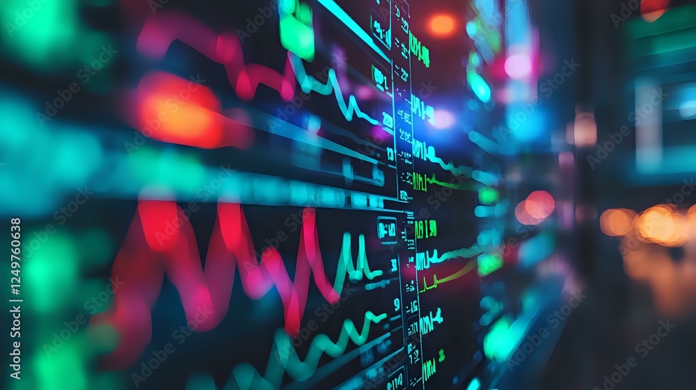 Poster digital stock market data visualization with colorful neon price charts and financial indicators on 