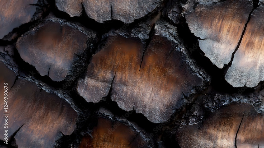 Poster dramatic macro view of charred wood texture showing deep cracks and burnt patterns in dark brown and