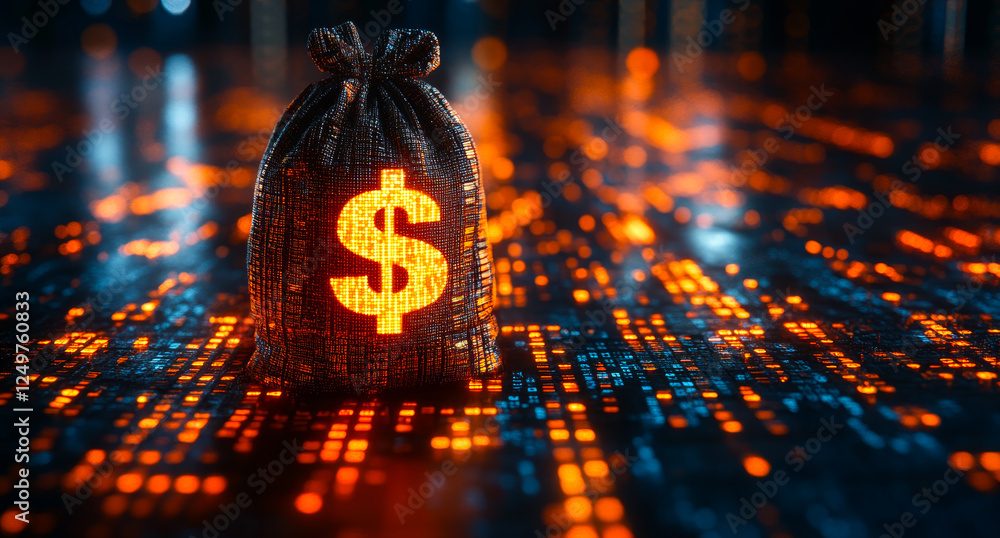 Poster a bag with a dollar sign on it is lit up in a dark room. the bag is surrounded by a pattern of squar