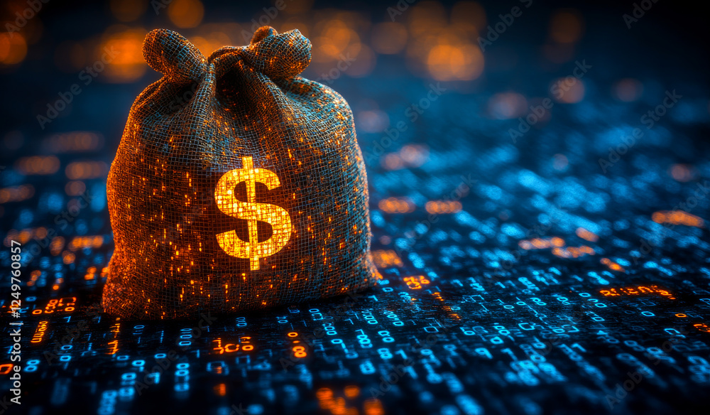 Aufkleber a bag with a dollar sign on it is on a computer screen. the dollar sign is glowing and the bag is su