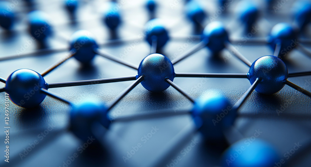 Poster a blue and white image of a network of blue spheres. the spheres are connected by lines, and the ima