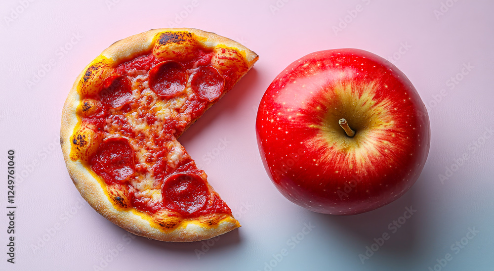 Poster a slice of pizza is cut in half and placed next to a whole apple. concept of making healthy choices 