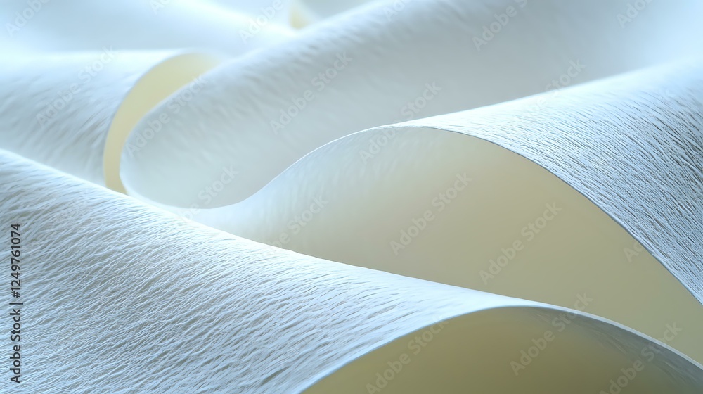 Poster elegant white paper curves creating soft waves and shadows in minimalist composition with gentle lig