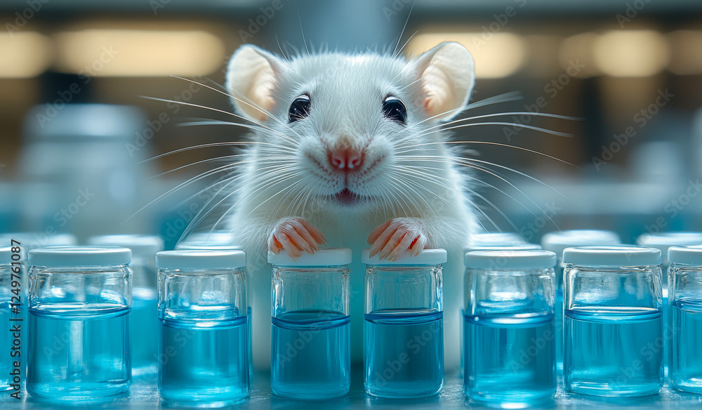 Poster a white mouse is standing in front of a row of blue bottles. the mouse is smiling and he is curious 