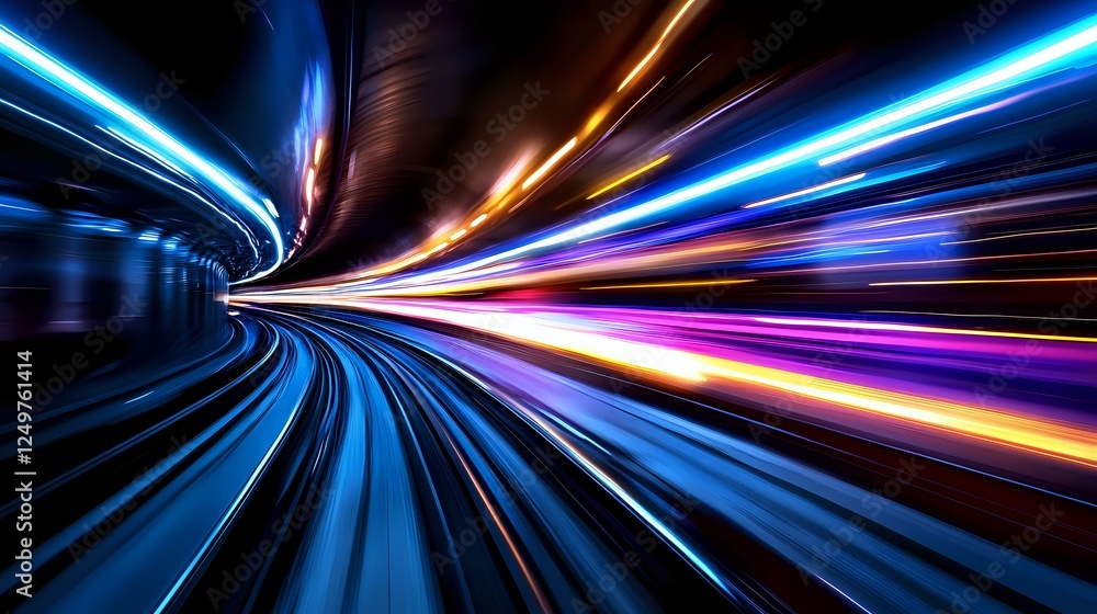 Poster abstract light trails in motion through curved tunnel, blue and orange streaks creating dynamic pers