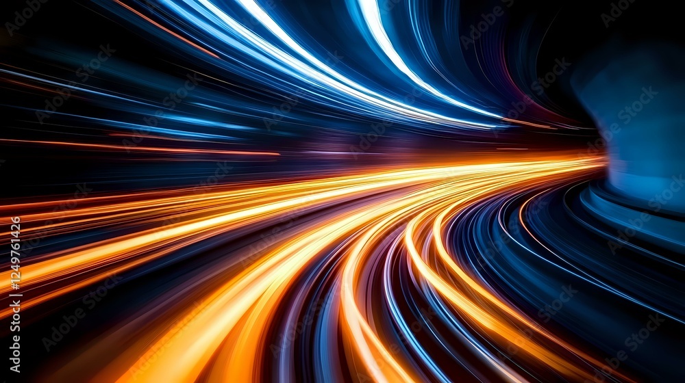 Poster dynamic light trails in blue and orange create futuristic motion effect in curved tunnel, suggesting