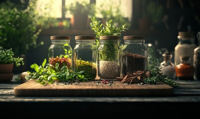 Fresh herbs and spices spilling from glass jars onto a rustic cutting board, illuminated by soft natural light to emphasize culinary richness.