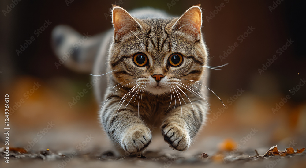 Poster a cat is running on the ground with its paws outstretched. the cat is looking at the camera with a c