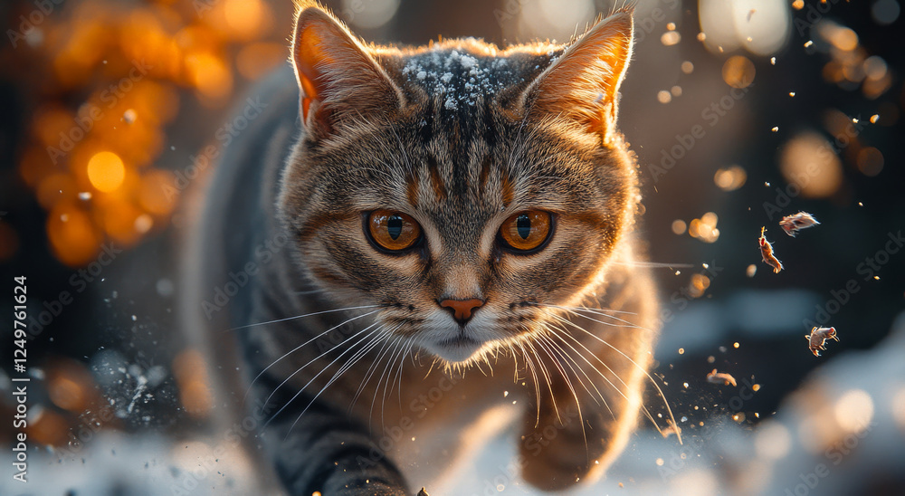 Poster a cat is running through the snow with its eyes wide open. the image has a sense of motion and energ