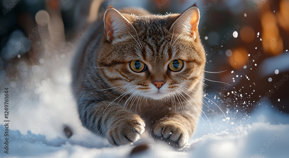 Poster a cat is running through the snow with its eyes wide open. concept of playfulness and curiosity as t