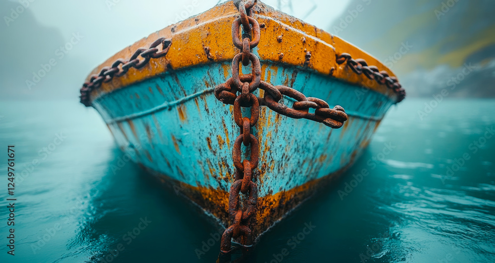 Poster a boat with chains on it is floating in the water. the boat is old and rusty, and the chains are rus