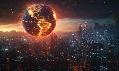 Glowing Earth with dynamic fiery textures, set against a futuristic city skyline at night, symbolizing global connection and energy.