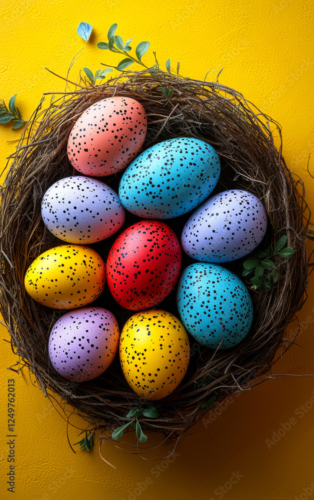 Poster a basket of eggs with different colors and patterns. the basket is placed on a yellow surface. the e