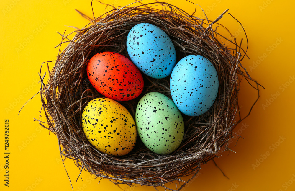 Poster a nest of eggs with different colors and sizes. the eggs are arranged in a basket and the basket is 