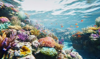 Vibrant coral reef ecosystem teeming with marine life in crystal-clear waters, capturing the colorful beauty of underwater biodiversity