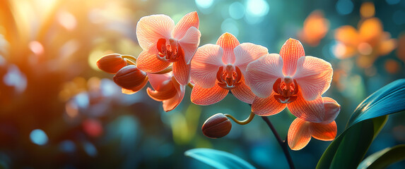 A close up of three orange flowers with green leaves. The flowers are in a field of green leaves, creating a beautiful and serene scene
