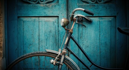 Vintage bicycle leaning against a rustic blue door, showcasing charm and nostalgia