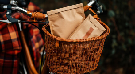 Brown paper bags in a bicycle basket, perfect for eco-friendly shopping