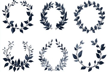 Six decorative leaf wreath designs in dark tones for graphic use.