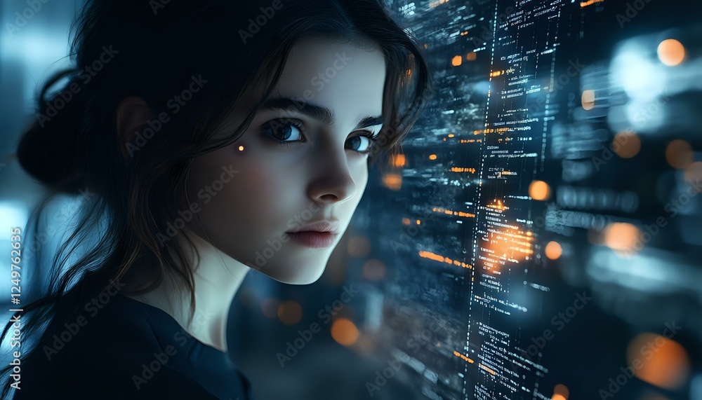 Poster young woman looking at futuristic interface with glowing code and data visualization elements agains