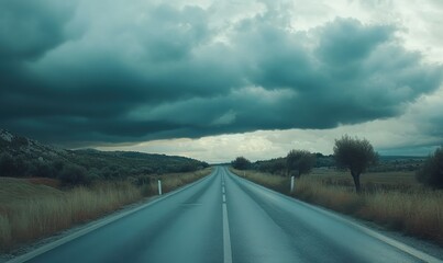 Lonely highway stretching under a dramatic cloudy sky, surrounded by rugged natural landscapes, capturing the allure of road trips and exploration