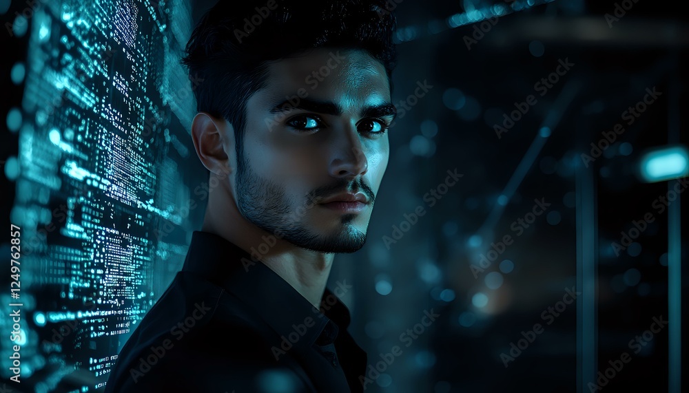 Poster young middle eastern male professional against digital code background in dark setting with cyan tec