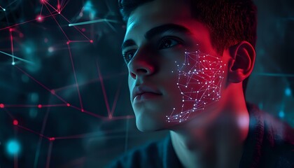 Young Caucasian male profile with facial recognition grid mapping in neon red and blue lighting against dark background with connected dots representing artificial intelligence network.