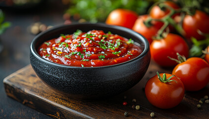 A black bowl filled with a red sauce sits on a wooden table. There are a few small tomatoes scattered around the bowl, adding a pop of color to the scene. The sauce appears to be a spicy tomato sauce