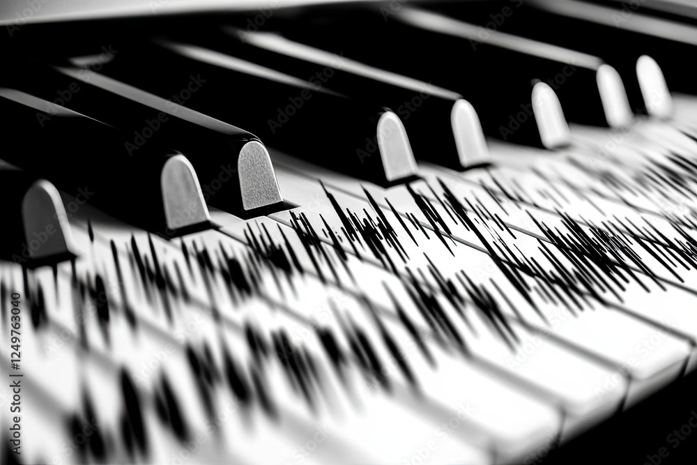 Aufkleber fusion of sound and melody creates a melodic transition of piano keys into soundwaves and rhythm