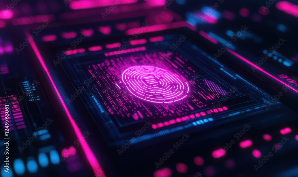 Poster futuristic neon interface displaying complex biometric data in vibrant pink and purple hues, sharp d