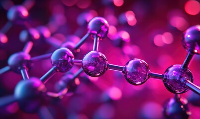 Futuristic molecular structures glowing in vibrant purple and red tones, clean high-tech background with sharp details, advanced science concept