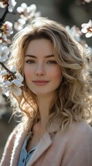 Fototapeta premium Young Caucasian woman with wavy blonde hair smiling gently among blooming spring cherry blossoms, wearing light pink coat and blue top, natural makeup and soft lighting.