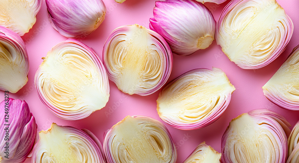 Poster a close up of onion slices on a pink background. the onions are cut in half and arranged in a patter