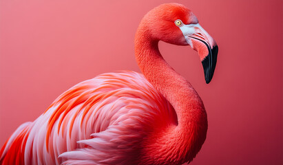 Fototapeta premium A flamingo stands on a pink background. The flamingo is the main focus of the image, and it is looking directly at the camera. The pink background creates a warm and inviting atmosphere