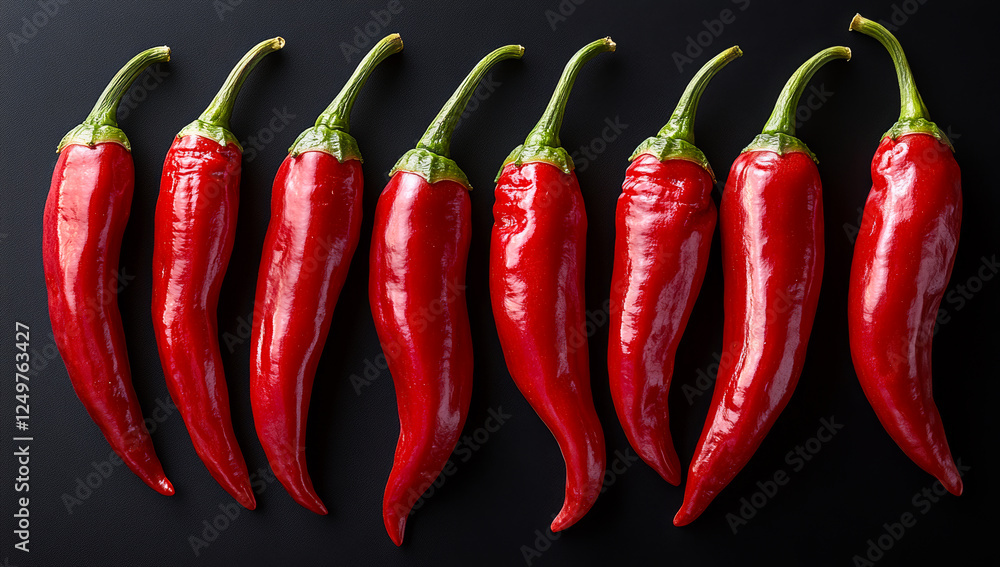 Aufkleber a row of red peppers are lined up on a black background. the peppers are all different sizes and are