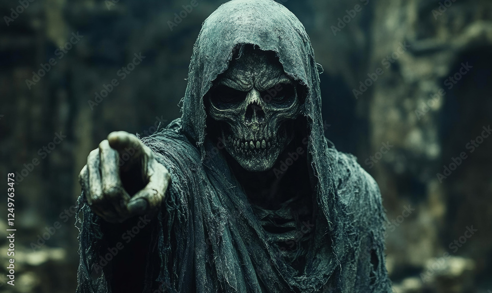 Poster a skeleton with a pointy hat is pointing to something. scene is eerie and mysterious