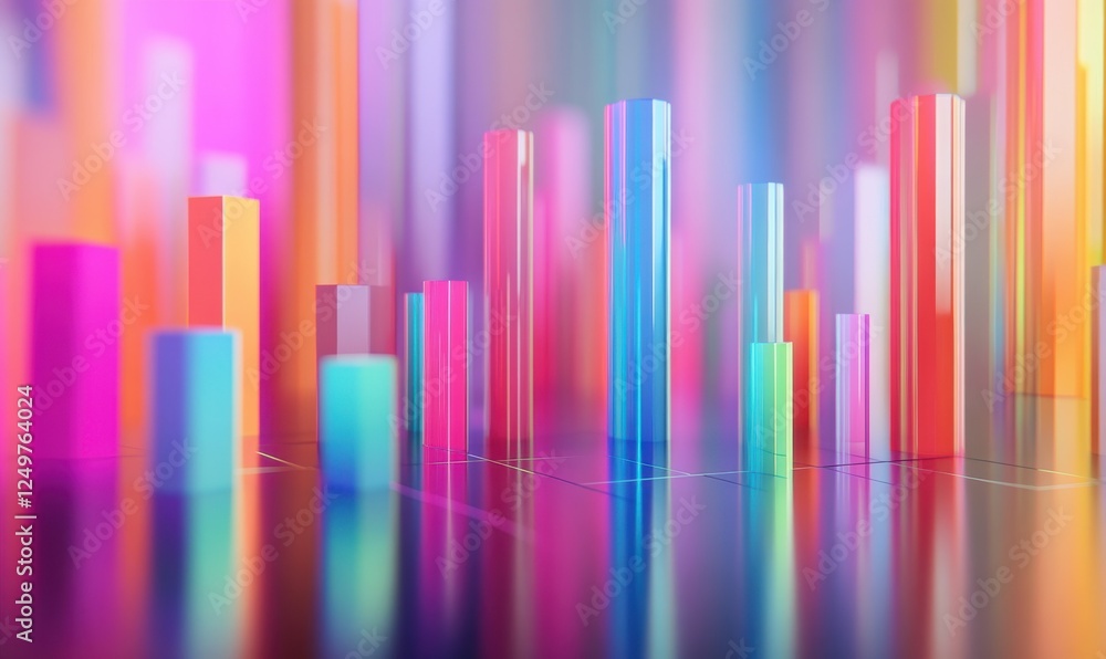 Poster minimalist 3d render of colorful bar charts and graphs, set against a soft pastel background, showca