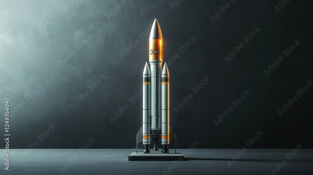 Poster launching rocket on gray background. startup and begin concept. 3d rendering.